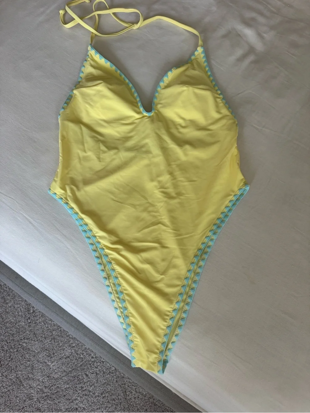 Yellow Halter One-Piece Swimsuit with Blue Trim - Women Swim